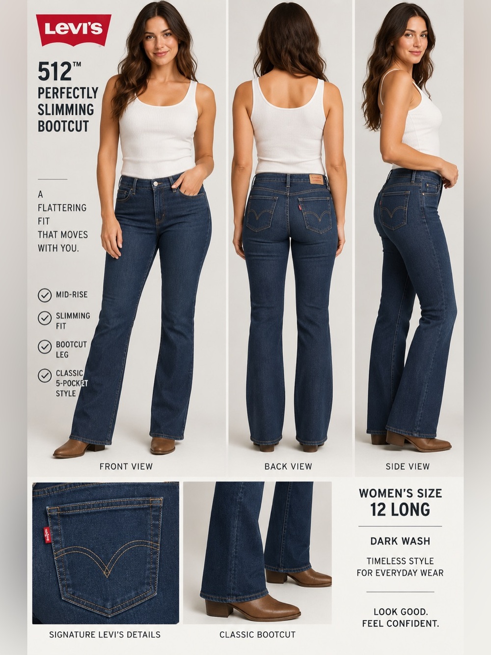 Levi’s 512 Perfectly Slimming Bootcut Jeans Women’s 12 Long Dark Wash 32” EUC